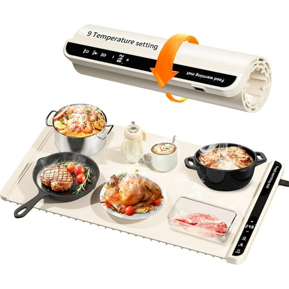 Gcvioh Warming Mat For Food, Latest Upgrade Food Warming Mat With 9 Temperature Levels & 6-Hour Timer, Full Surface Heating Mat Large. Roll Up Food Warmers For Parties Buffet.