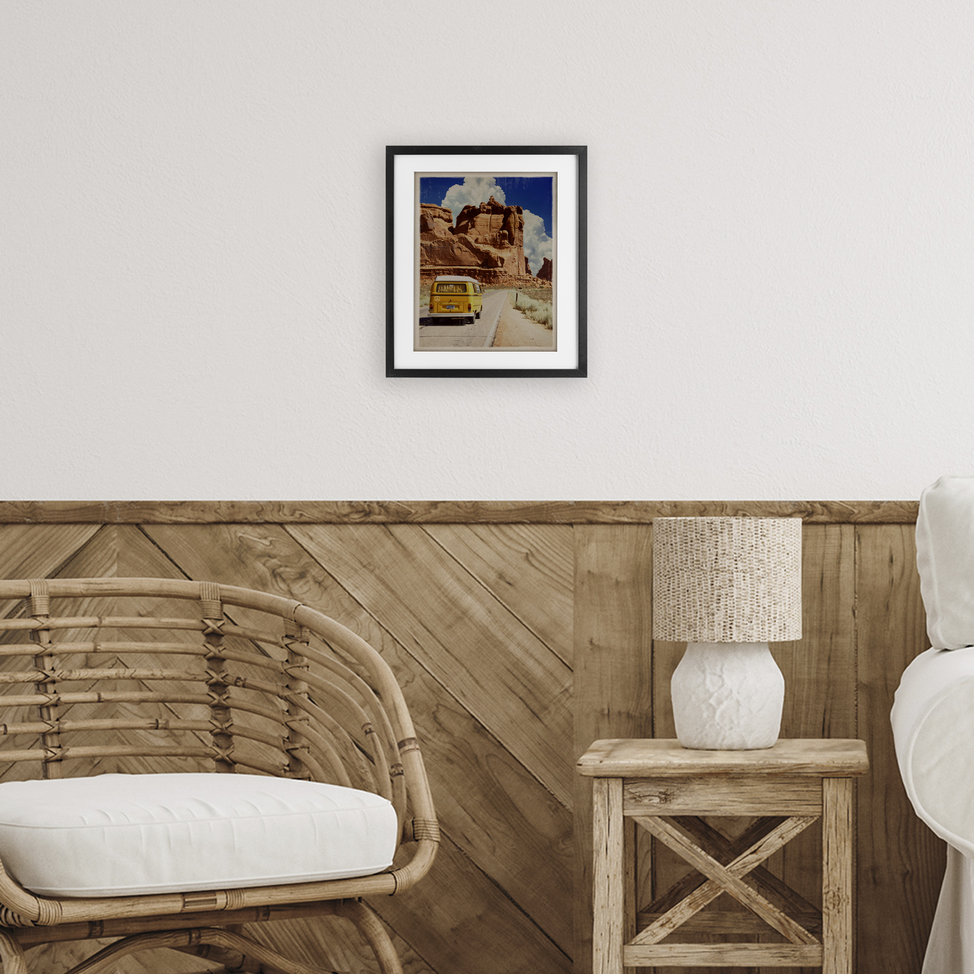 Retro Desert Adventure Black Framed Print Under Glass, design by Old Red Truck