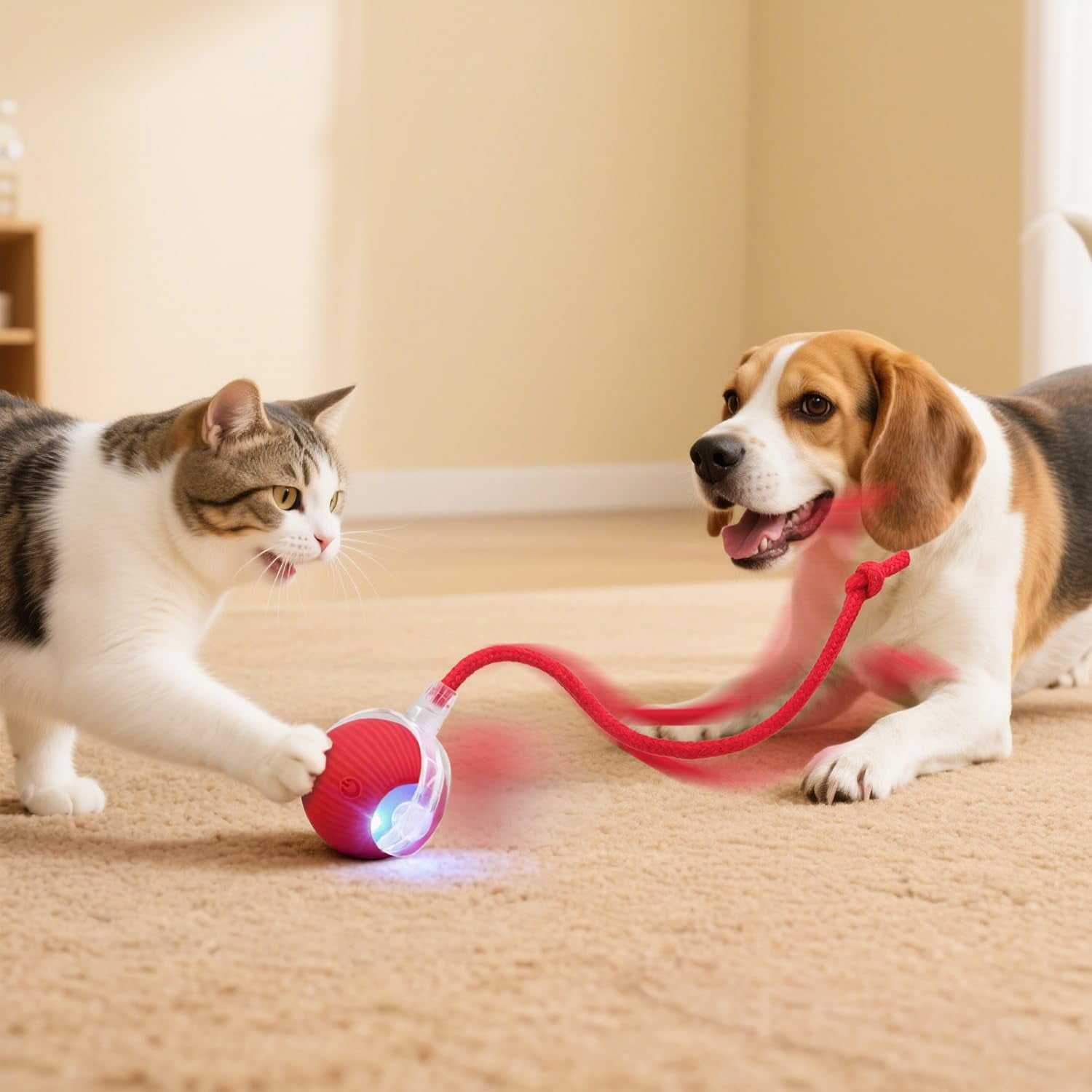 Interactive Cat Dog Rolling Ball Toy,Smart Automatic Ball for Cats & Dogs,360°Fully Rechargeable Rolling Moving Pet Toys Ball,Smart Pet Chase Ball with Speedy Tail Rope, Stimulates Hunting Instincts