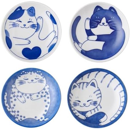Small Cute Ceramic Dishware Sets, Kawaii Cat Plates, Blue Shushi Plate Set Of 4, Japanese Plates, Dessert Plates Ceramic