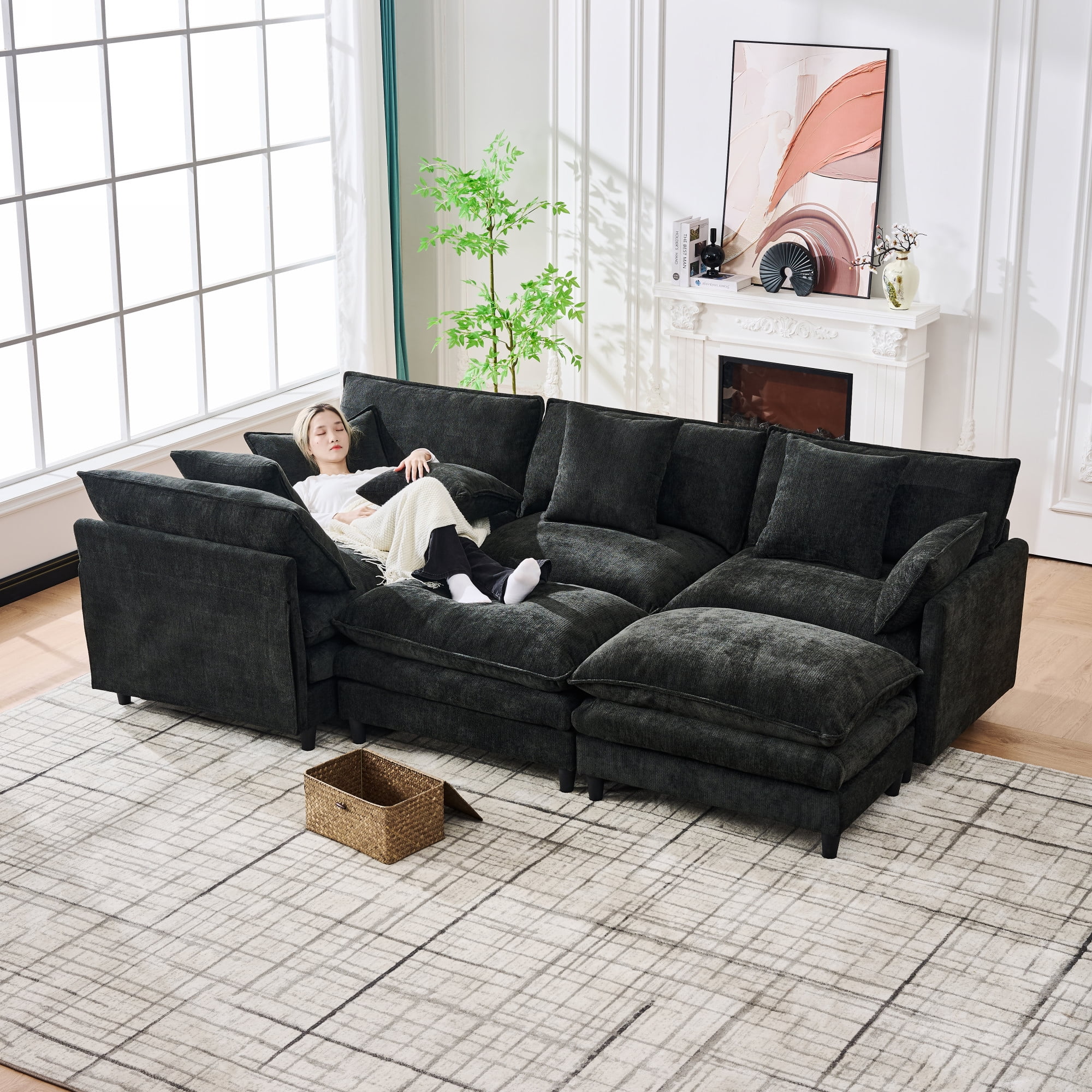U-Shaped Modular Sectional Sofa with 2 Movable Ottomans and 6 Cushions, 140.9-Inch Soft Chenille Fabric Corner Couch for Living Room, Black