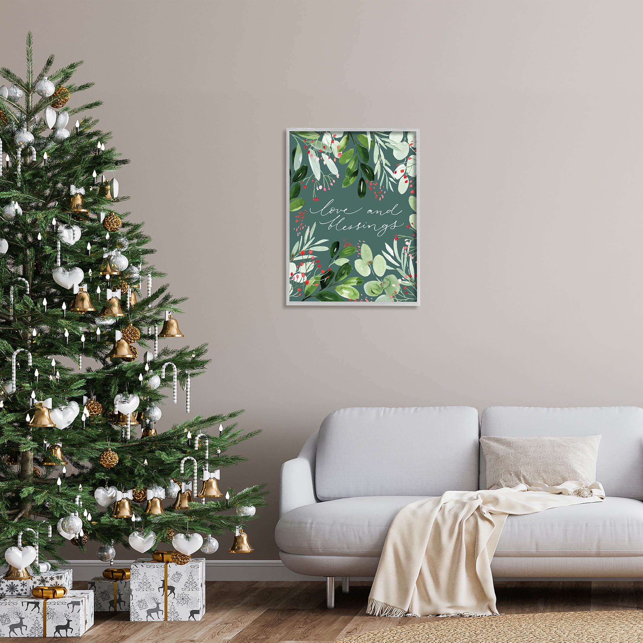 Love & Blessings Green Floral Leaves Holiday Graphic Art Gray Framed Art Print Wall Art