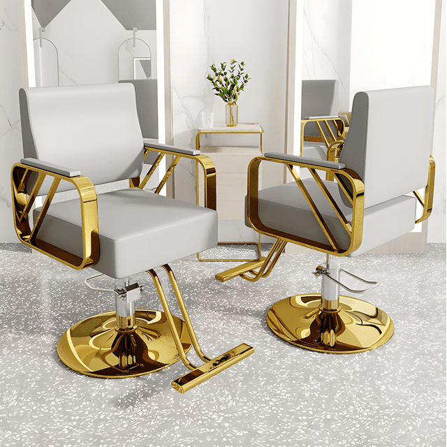 Sillon Silla Barberia Estetica 360° Moderna Tipo De Respaldo Fijo Gris Y Dorado Redonda