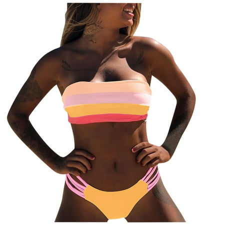 Women Swimwear Colored Stripes Bikini Set Push-up Padded Bra Bathing Beachwear Swimsuit Bottoms For Women Ladies Swimsuits Plus Size Bathing Suit Cover Up Sporty One Piece Swimsuits For Women Vintage