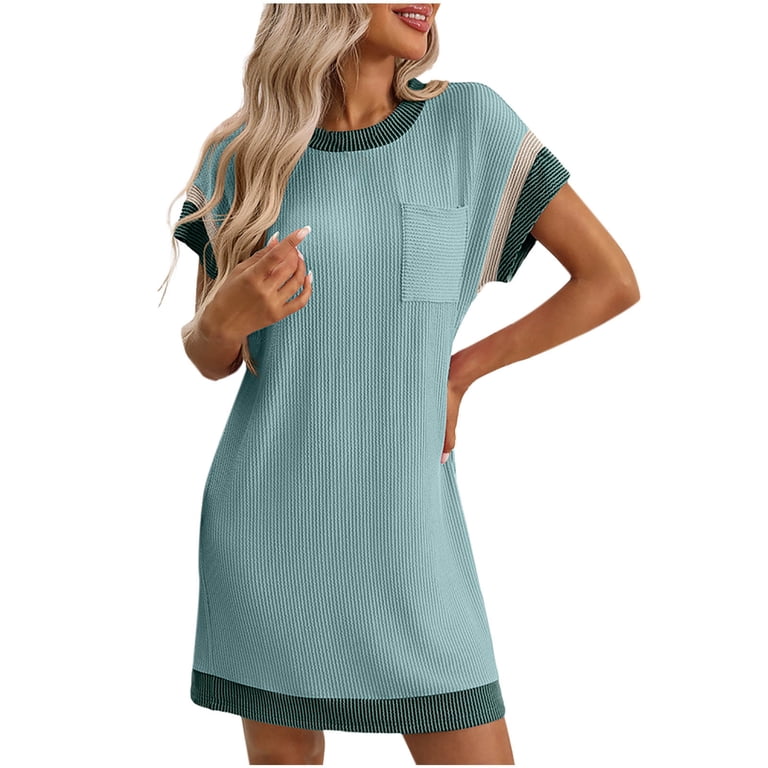 Rkstn Casual Dresses for Women Summer Fashion Short Sleeve Crew Neck Color Block Minimalist Freedom Beach Resort Knee Length Vacation Dress with