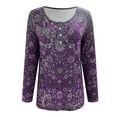 thumbnail image 3 of IROINNID Deals Womens Plus Size Tops Round-Neck Button Long Sleeve Print Lounge T- Shirt Blouse Tops,Purple, 3 of 4