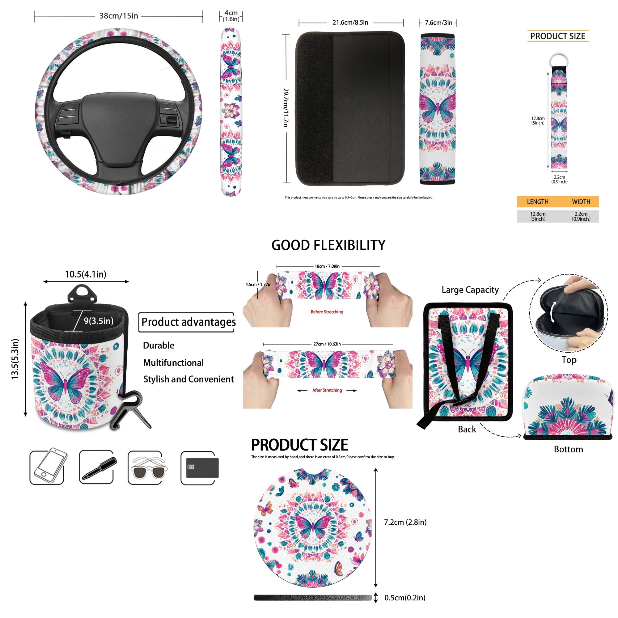 Yuyamidu Butterfly Car Seat Cover Full Set of 15 Flower Steering Wheel Cover Seat Belt Strap Cover Trash Can Rear View Mirror Cover Auto Coaster Wristlet Keychain Air Vent Storage Bag Car Decor