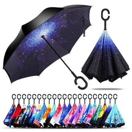 Double Layer Inverted Umbrella with C-Shaped Handle, Anti-UV Waterproof Windproof Straight Umbrella for Car Rain Outdoor