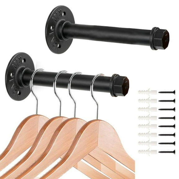 2 Pcs 7.7 Inch Industrial Pipe Clothes Bar - Heavy Duty Rustic Metal Coat Hanger with Screws, Wall-Mounted Garment Holder Rack for Bedroom/Bathroom/Cabinet/Boutique/Clothing Store, Black