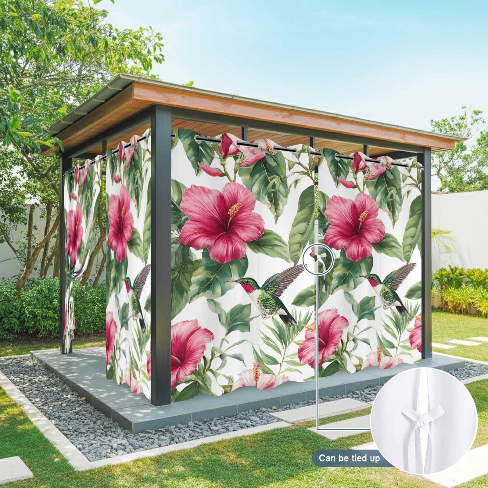 Red Flower Outdoor Curtains for Patio, Tropical Botanical Hibiscus Green Leaf Summer Sunshade Privacy Drapes Grommet Waterproof Outside Curtains for Porch/Cabana/Balcony 54"x 108", 1 Panel