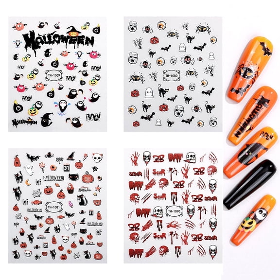 Dengmore 4Sheet Halloween Nail Stickers Glow in The Dark Halloween Nail Art Stickers Decals Cute Ghost Black Cat Halloween Nail Stickers Pumpkin Spider Web Skeleton