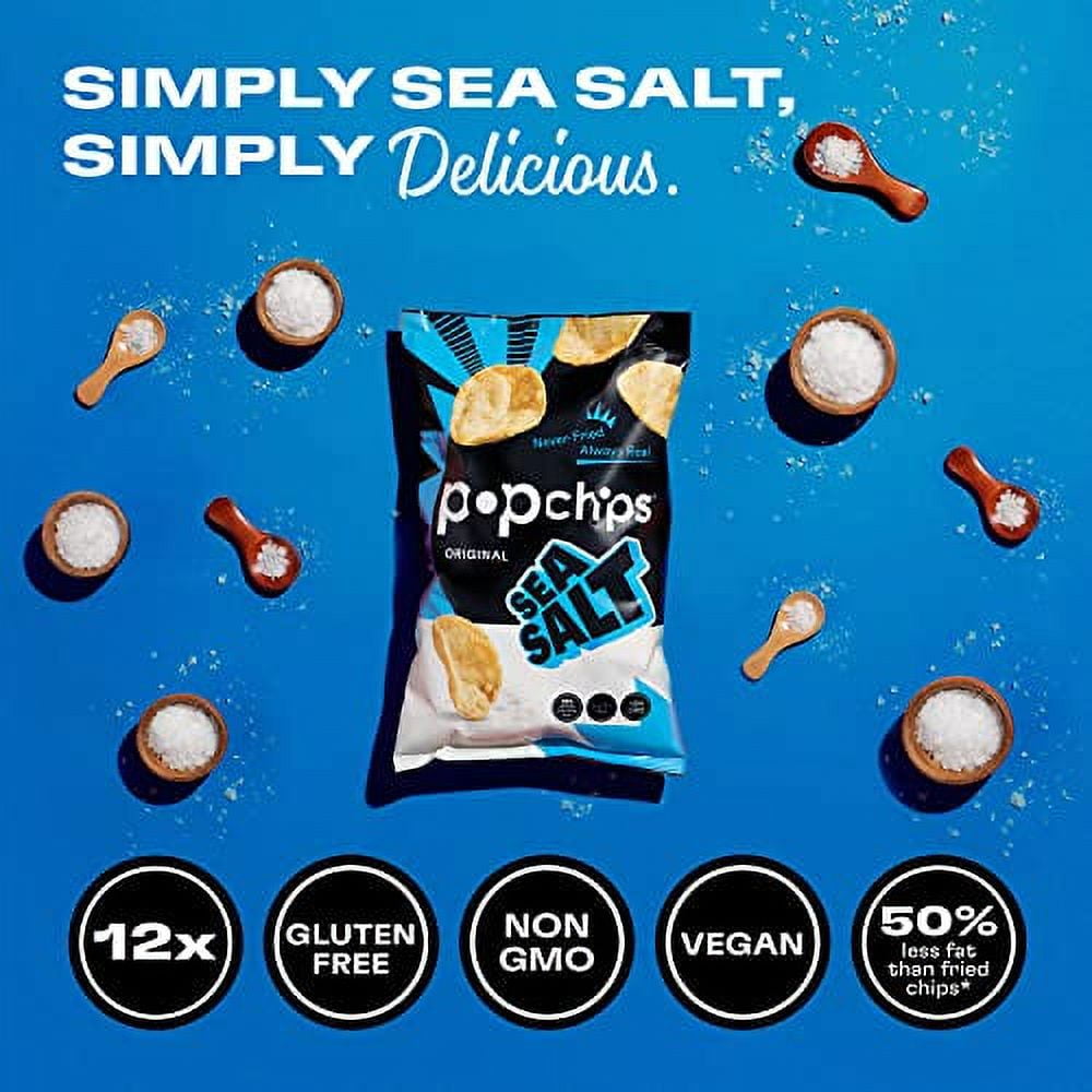 Popchips Potato Chips, Sea Salt, 12ct Single Serve 0.8oz Bags, Low-Calorie and Gluten Free, Healthy Snacks for Adults and Children, Non-GMO, Vegan & Kosher Friendly, 100 Calories Per Bag