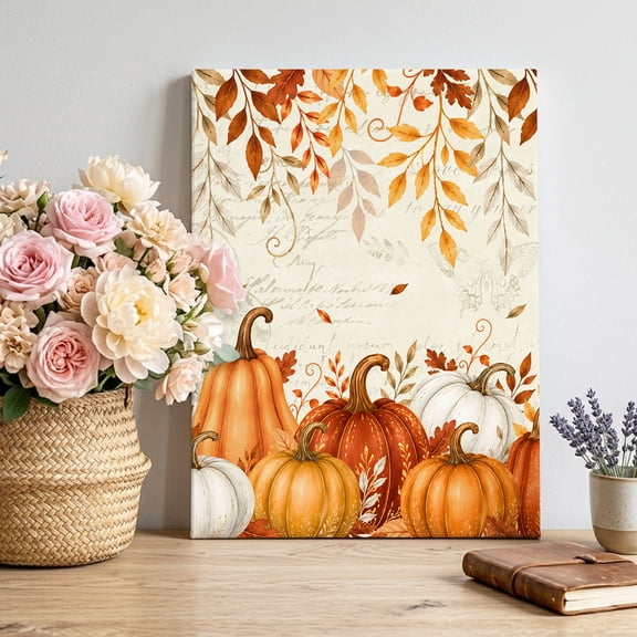 Orange Red Pumpkins Canvas Wall Art for Living Room, Fall Harvest Plants Eucalyptus Leaves Country Poster Print Painting for Bedroom Office Home Decoration Wall Pictures Prepare To Hang 8"x10"