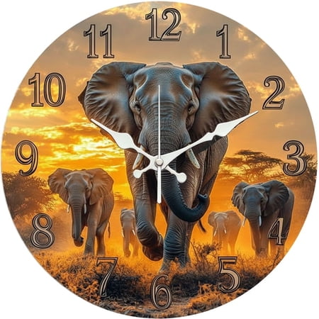 SBEMP10 Inch Silent Wall Clock, African Elephant Herd Sunset Decorative Wall Clock, Battery Operated Non-Ticking Round Clock for Living Room Bedroom Safari Home Decor
