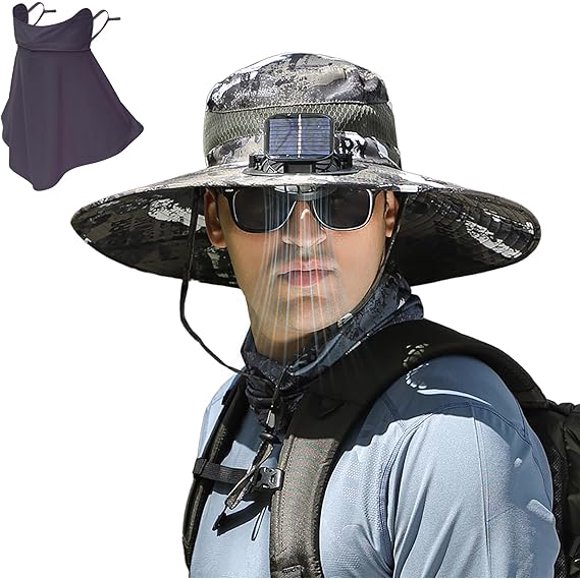 Ultralight Solar Fan Sun Hat, Outdoor Wide Brim Sun Hat with 2 Solar Fan Built, UPF 50+ Solar Powered Fan Outdoor Fishing Hat-Single Fan f