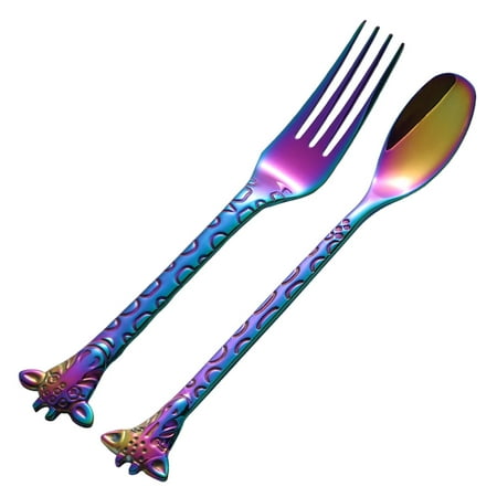 

FRCOLOR 2pcs Dessert Spoon and Fork Set Stainless Steel Mixing Spoon Cartoon Cake Forks for Home Restaurant (Colorful)