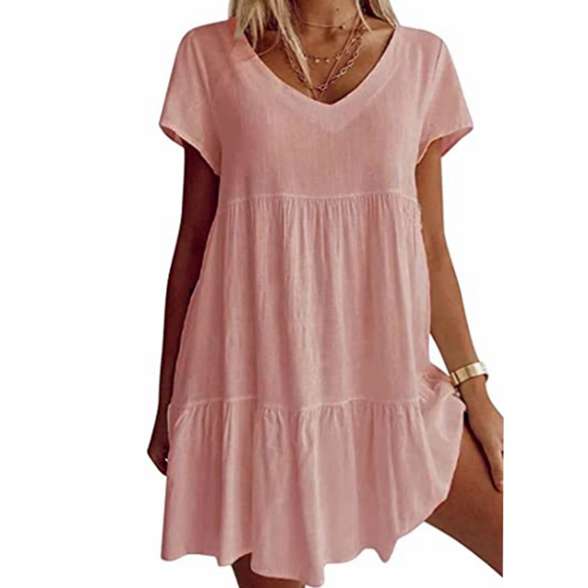 Bellella Women Short Mini Dresses T Shirt Sundress Swing T Shirt Dress Simple Tunic Ladies Pink L Pink