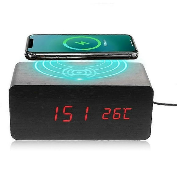 Wooden Alarm Clock with Qi Wireless Charger Sound Control LED Digital Clock Temperature Displayfor iPhone 16 15 14 13 12 Pro Max Plus Samsung Galaxy S21
