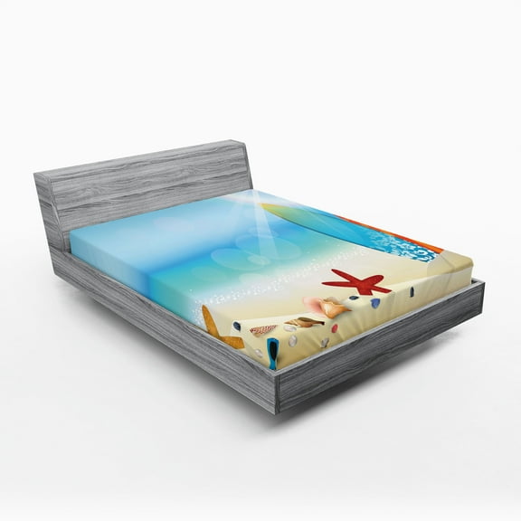 Ambesonne Summer Fitted Sheet, Sand Beach Surfboard, Queen Size, Multicolor