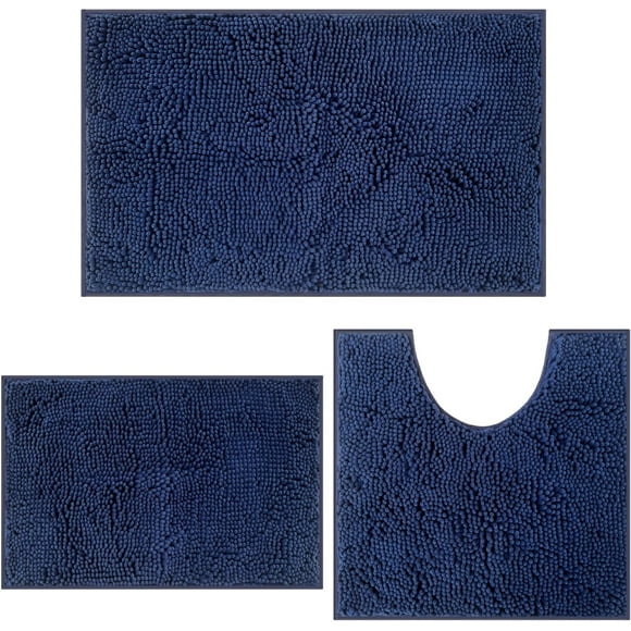 EcoNesxp Washable Navy Blue Bathroom Mat Set Bathtub 3-Piece Set Super Soft Absorbent Chenille