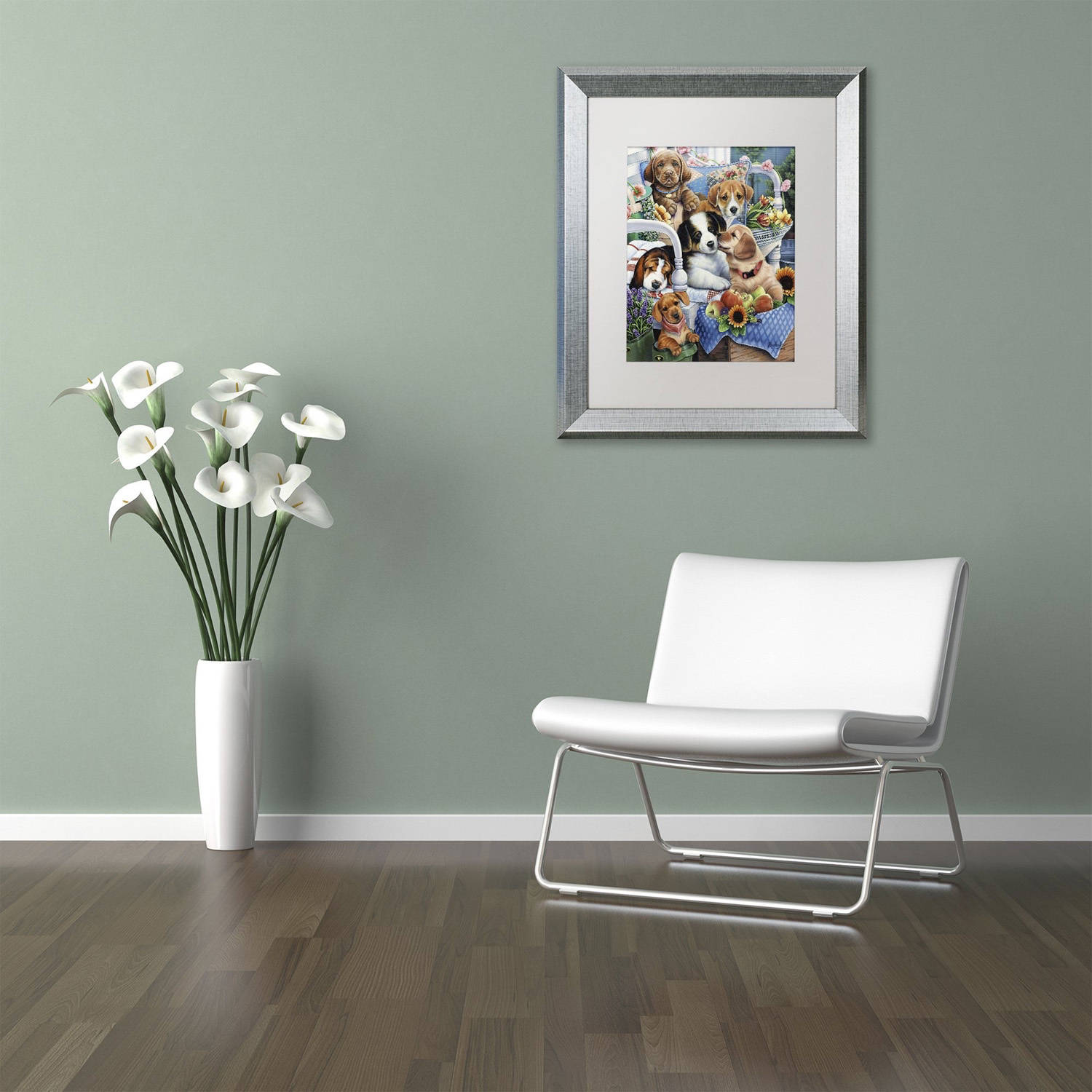 Trademark Fine Art 'Country Pups' Canvas Art by Jenny Newland, White Matte, Silver Frame