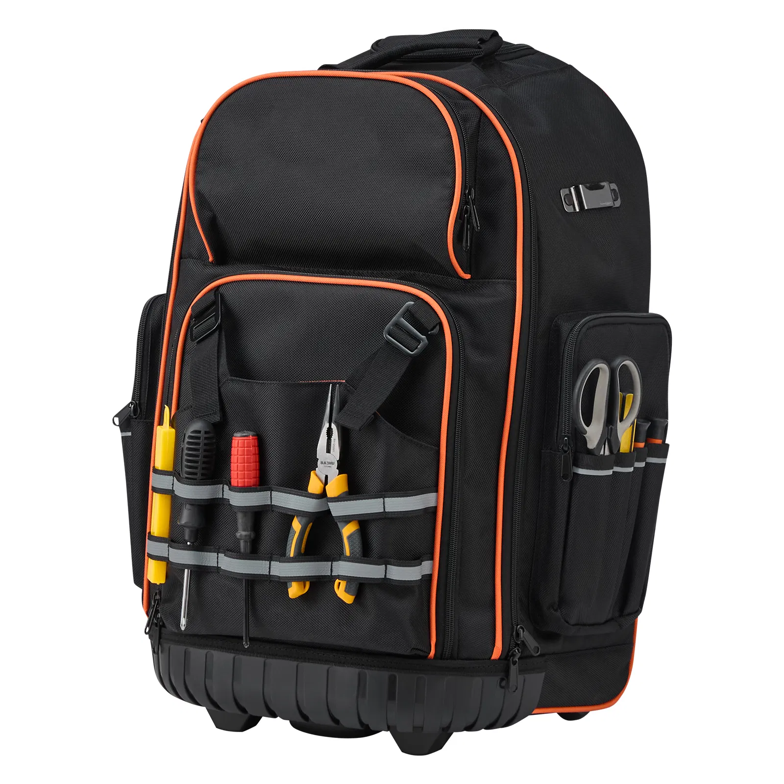 Professional heavy-duty wheeled tool backpack with 72 pockets, a rolling and portable tool bag for construction site operations.