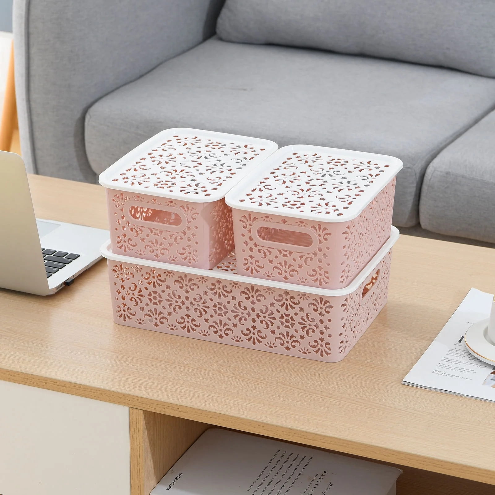 TEAFIRST Set of 4 Storage Bins, Organizer Container with Lids Stackable for Bathroom, Plastic, Pink