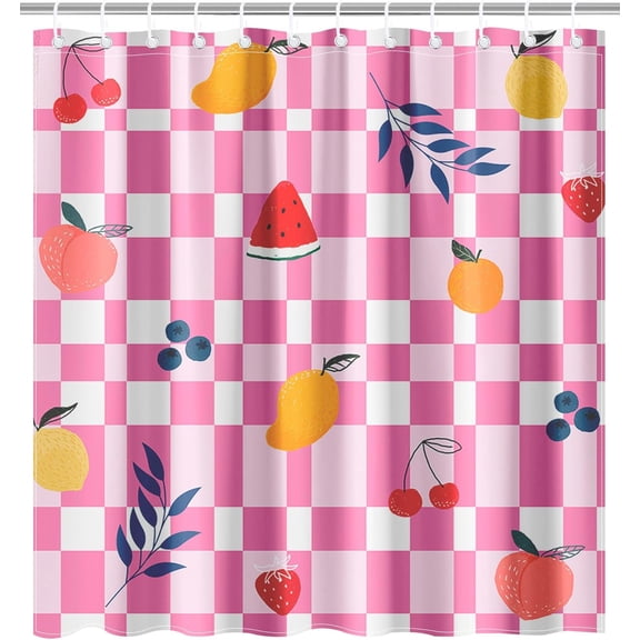 Groovy Shower Curtain Pink Checkerboard Shower Curtain Set Cute Fruits Waterproof Fabric Shower Cutain for Kid with 12 Hooks 72''''x72''''