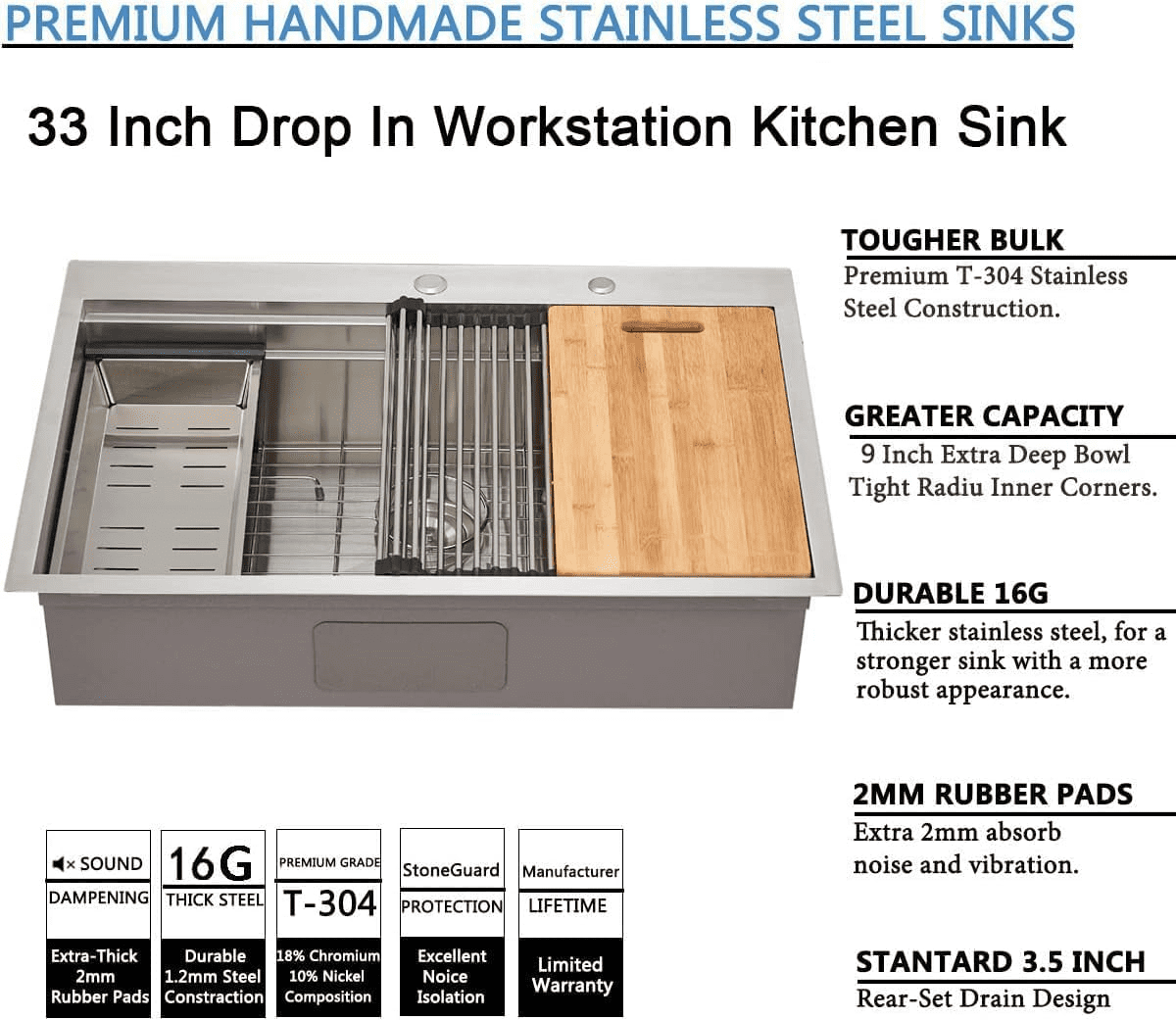 Kingo Home 33x22 inch Brushed Nickel Stainless Steel Drop-in Kitchen ...