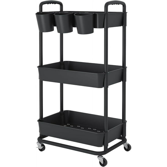 shiyou-3-Tier Plastic Rolling Storage Cart Utility Cart with Extra Hanging Cups Handles Lockable Wheels for Living Room Bathroom Kitchen Office Black