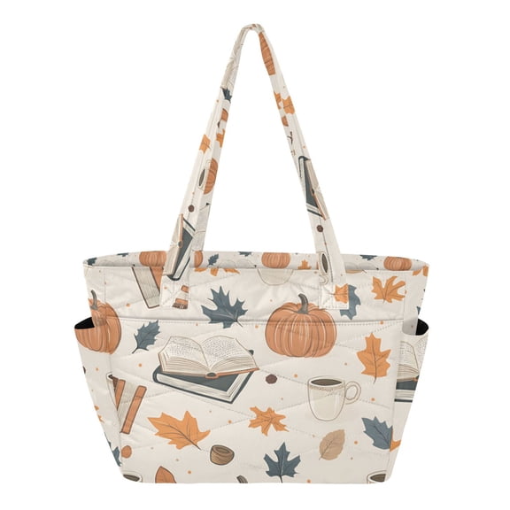 FORMRS Tote Bag for Women Quilted Large Capacity Travel Work Carry On Shoulder Handbag, Fall Books