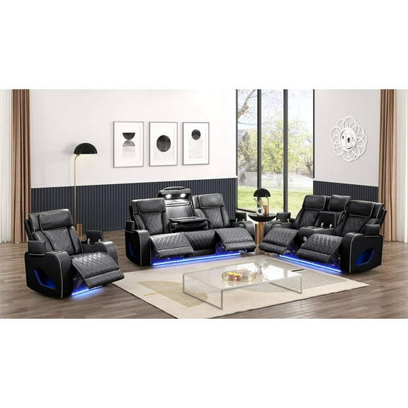 Fortuner Modern 3PC Livingroom Set Made faux leather & with Wood in Black