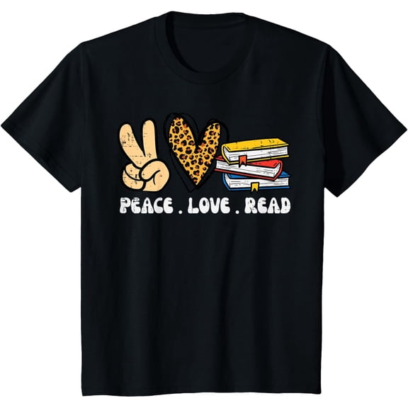Leopard Peace Love Read Book Lover Librarian Bookworm Women T-ShirtMen's and women's gift, black and white T-shirt, size: Extra large S-4XL