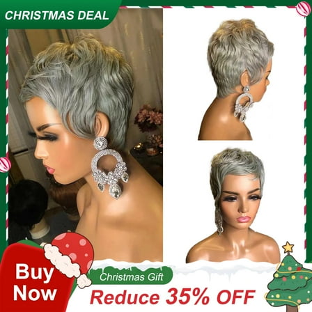 UTOURS Grey Short Pixie Cut Bob - Hair Wigs For Women and Girls, Wavy Wigs, Glueless