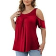 thumbnail image 2 of Scyoekwg Womens Plus Size Short Sleeve Tunic Shirts Trendy Round Neck Cold Shoulder Ruched Tops Summer Comfy Solid Color Lightweight Casual Loose Blouses (Red,XXXL), 2 of 6
