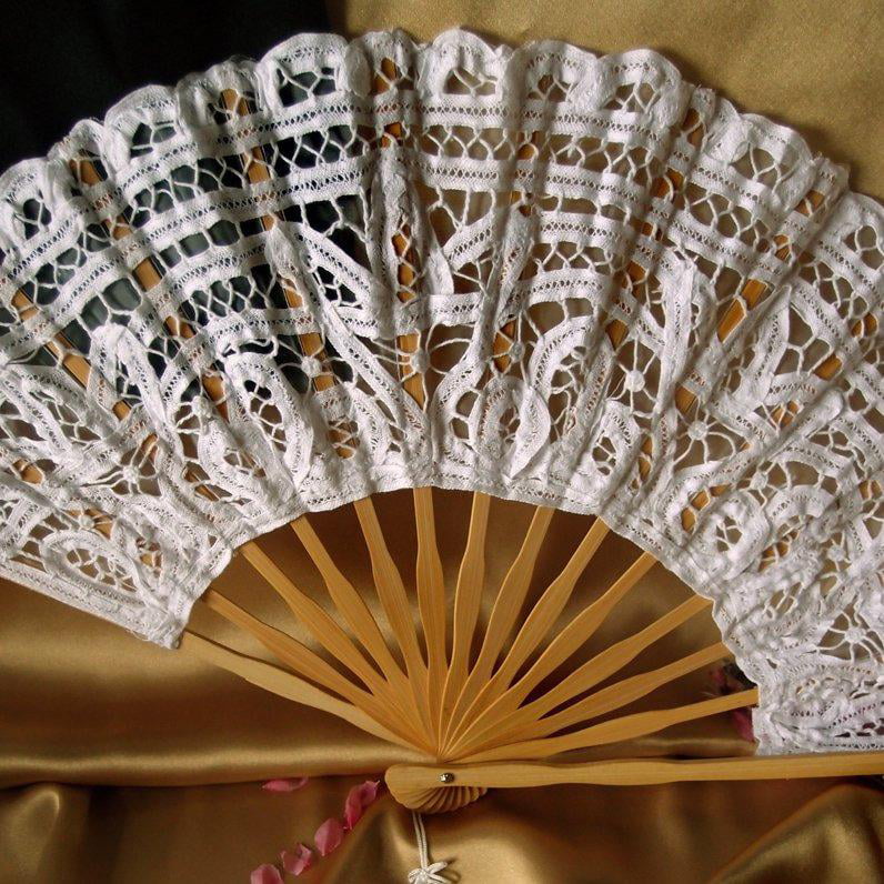 Victorian Lace Embroidered Fabric Folding Hand Held Fan Wedding Party Gift Pick 
