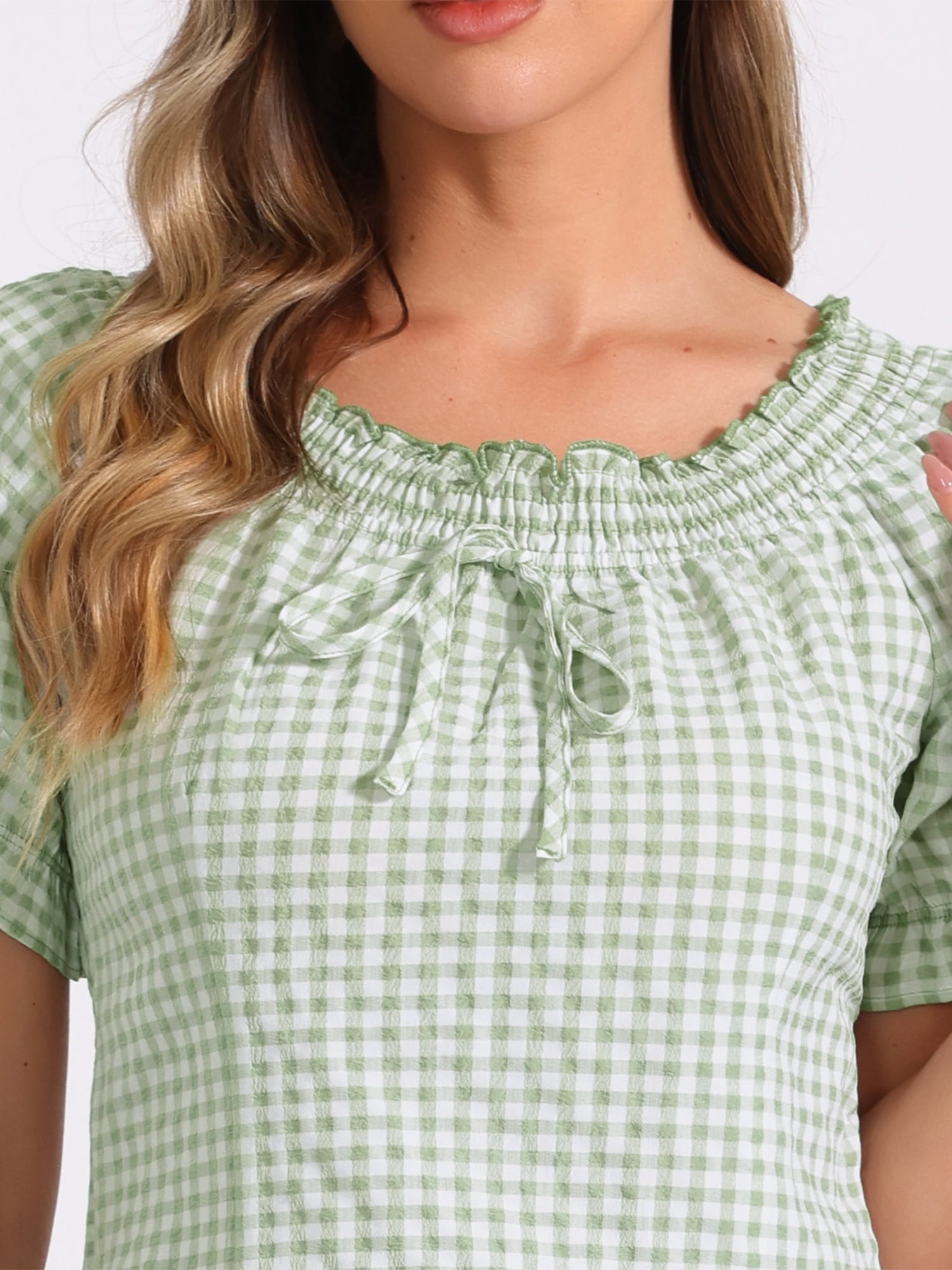 DARING DIVA Woman's Peasant Ruffles Puff Sleeve Gingham Plaid Top M Green
