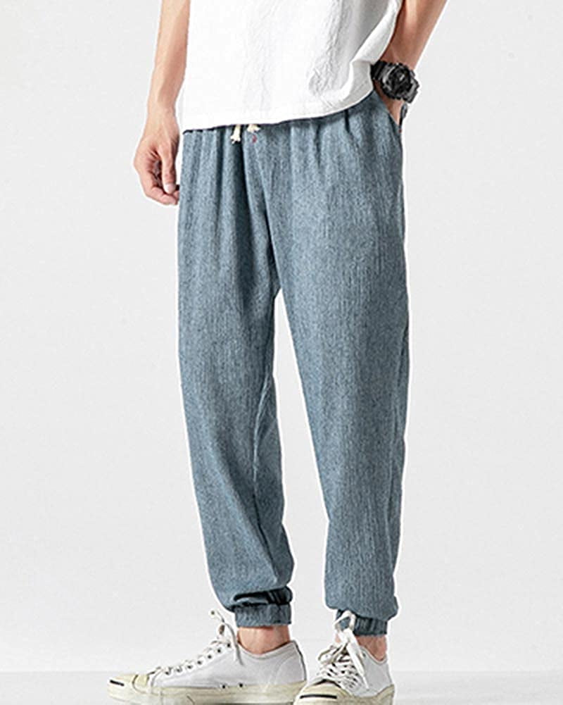 Men's Linen Pants Baggy Elastic Waist 