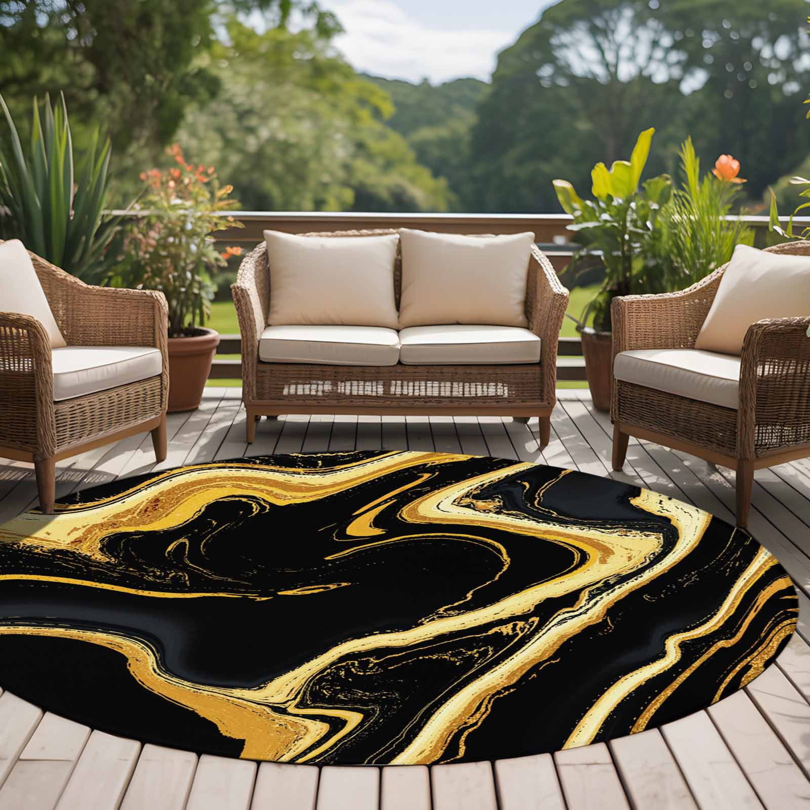 Black Gold Round Living Room Rugs 7 ft, Marble Luxury Abstract Glitter Fluid Pattern Washable Area Rug with Non-Slip Sturdy Edge Binding Round Carpet for Kitchen Office Bedroom