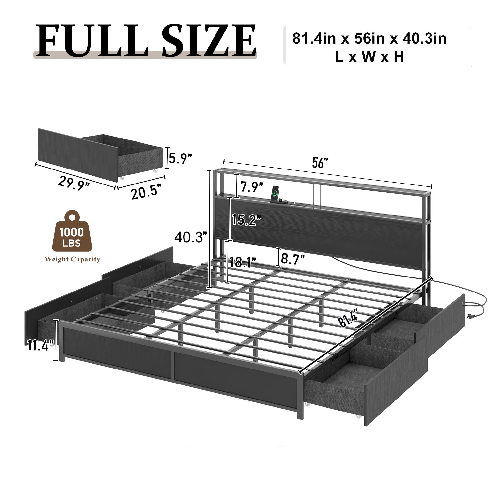 LED Full Bed Frame with Storage Headboard & 4 Drawers, Industrial Metal Platform Bed with Power ｃｈａｒ(图5)