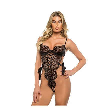 Roma Costume Dreamer s Lust Scalloped Eyelash Lingerie Lace and Satin Balconette Cup w/Underwire Crotchless Teddy  Black (Women s)