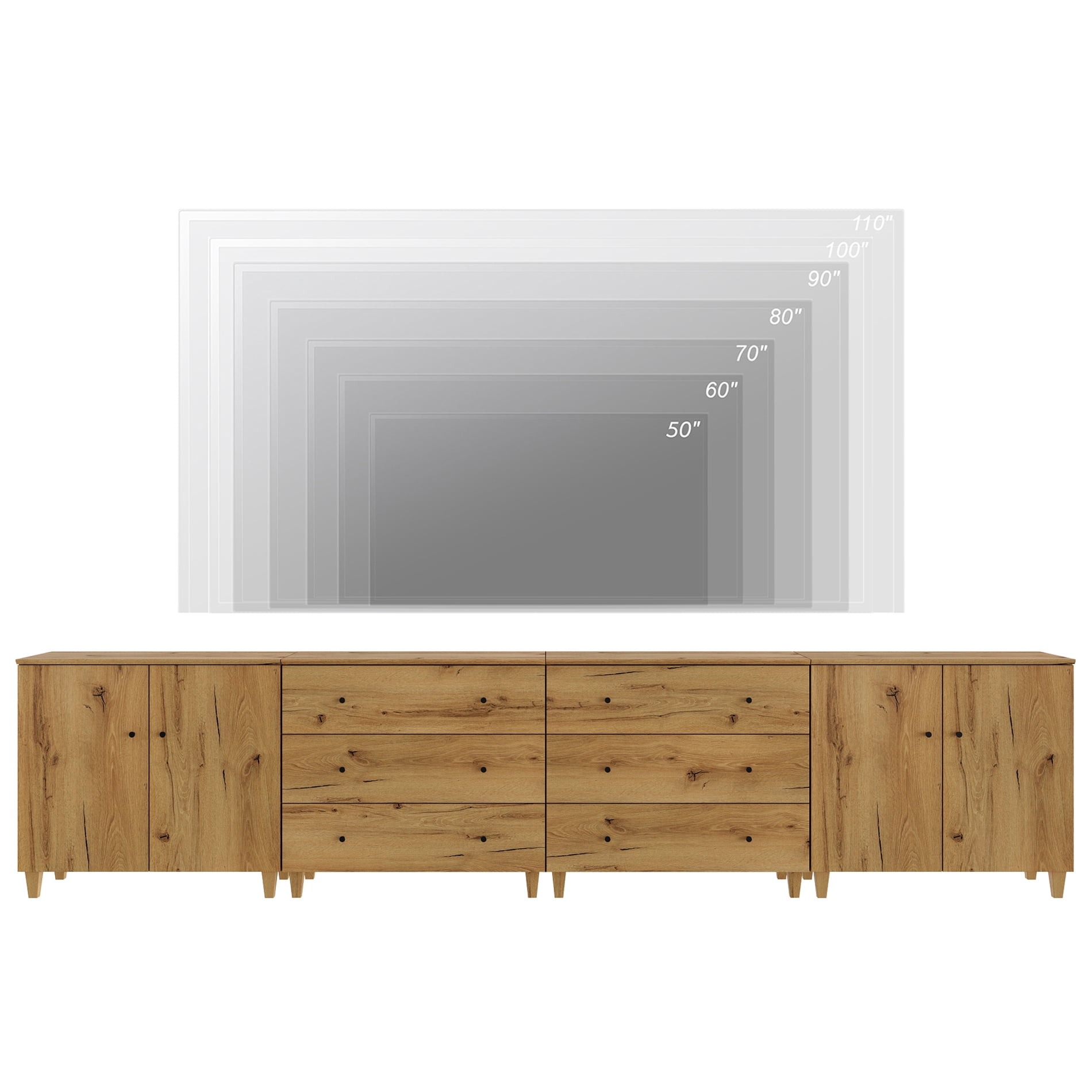 WAMPAT Extra Long Modern TV Stand for 120+ Inches TVs, 3-in-1 Large Wooden Media Console with 6 Spacious Drawers and 2 Storage Cabinets for Living Room, Oak Brown