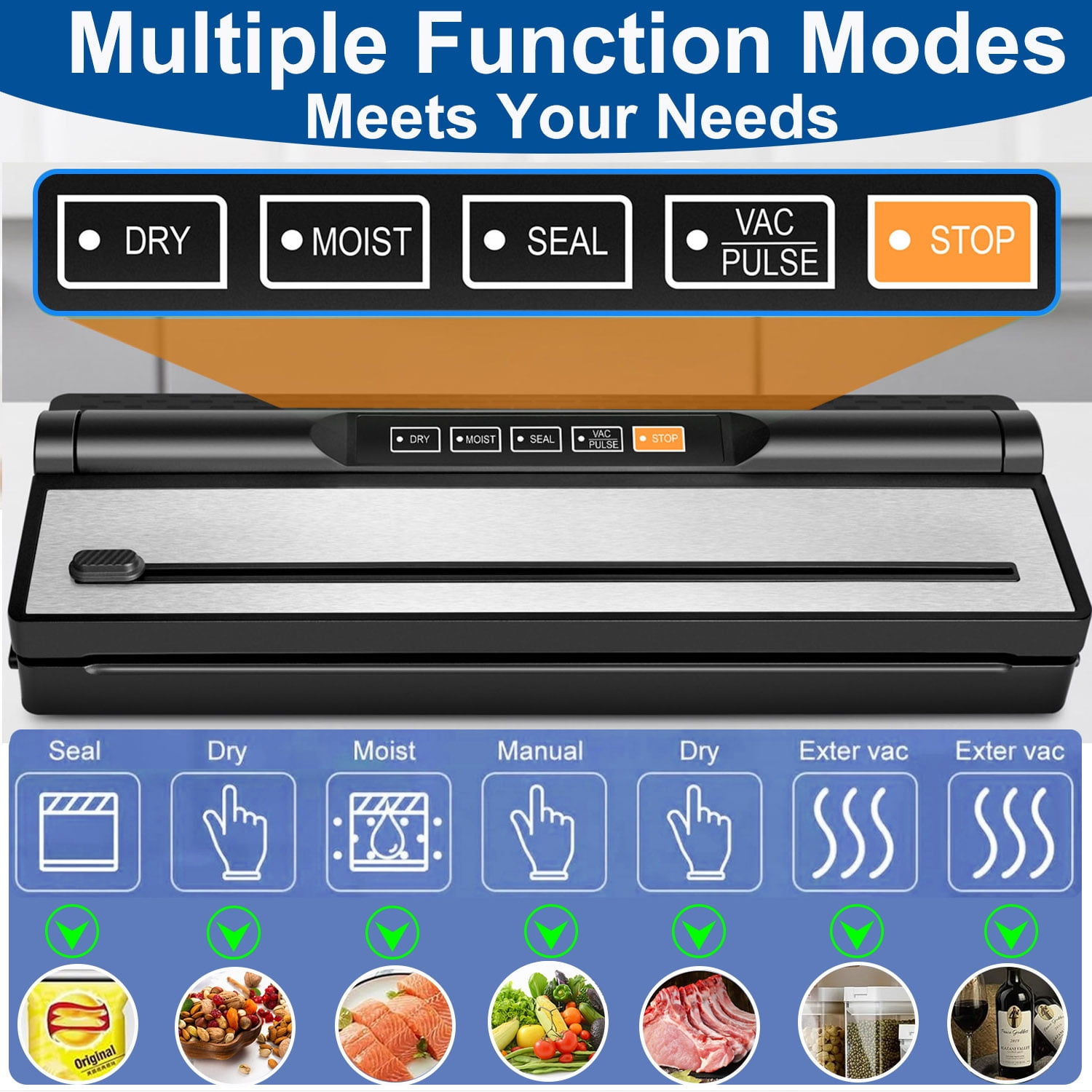 Food Vacuum Sealer Machine, Auto&Manual Food Sealer with 2 Rolls Food Vacuum Sealer Bags for Food Preservation, Food Storage Saver Dry & Moist Food Modes, Built-in Cutter, LED Indicato