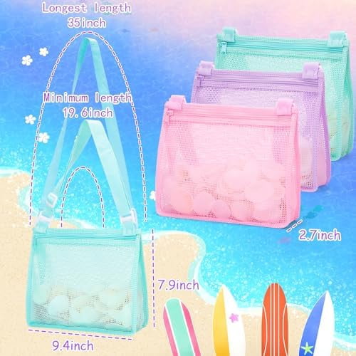 Beach Toy Mesh Beach Bag Sand Toy Seashell Bag for Holding Shells Pool Bag with Zipper Swimming Accessories for Kids Boys and Girls(Only Bags,A Set of 3)