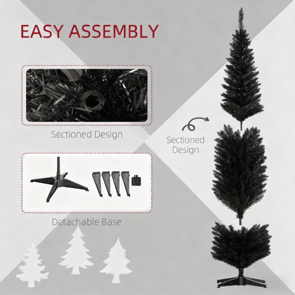 8ft Unlit Black Pencil Christmas Tree 618 Tips Easy Assembly Plastic Base Small Space Holiday Decor