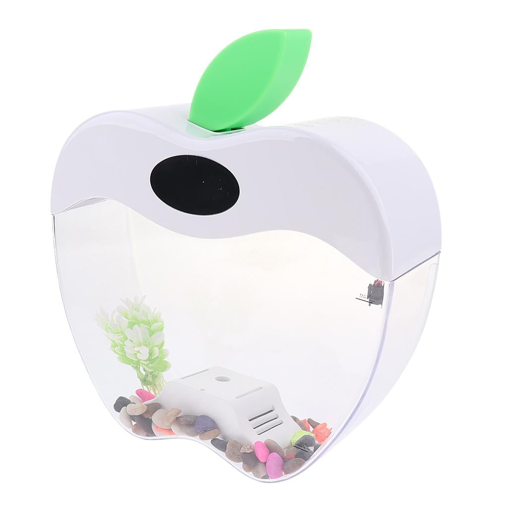 EHJRE Home Office Creative Decoration USB Charge Mini Fish Tank Desk Transparent Aquarium Tank With LED Clock, Decorative Pebbles, And Artificial Plant
