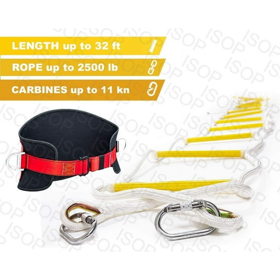 ISOP Fire Escape Ladder 4 Story Homes 32 ft | Unique Safety Ladder with Carabiners, Safety Cord & Safety Belt