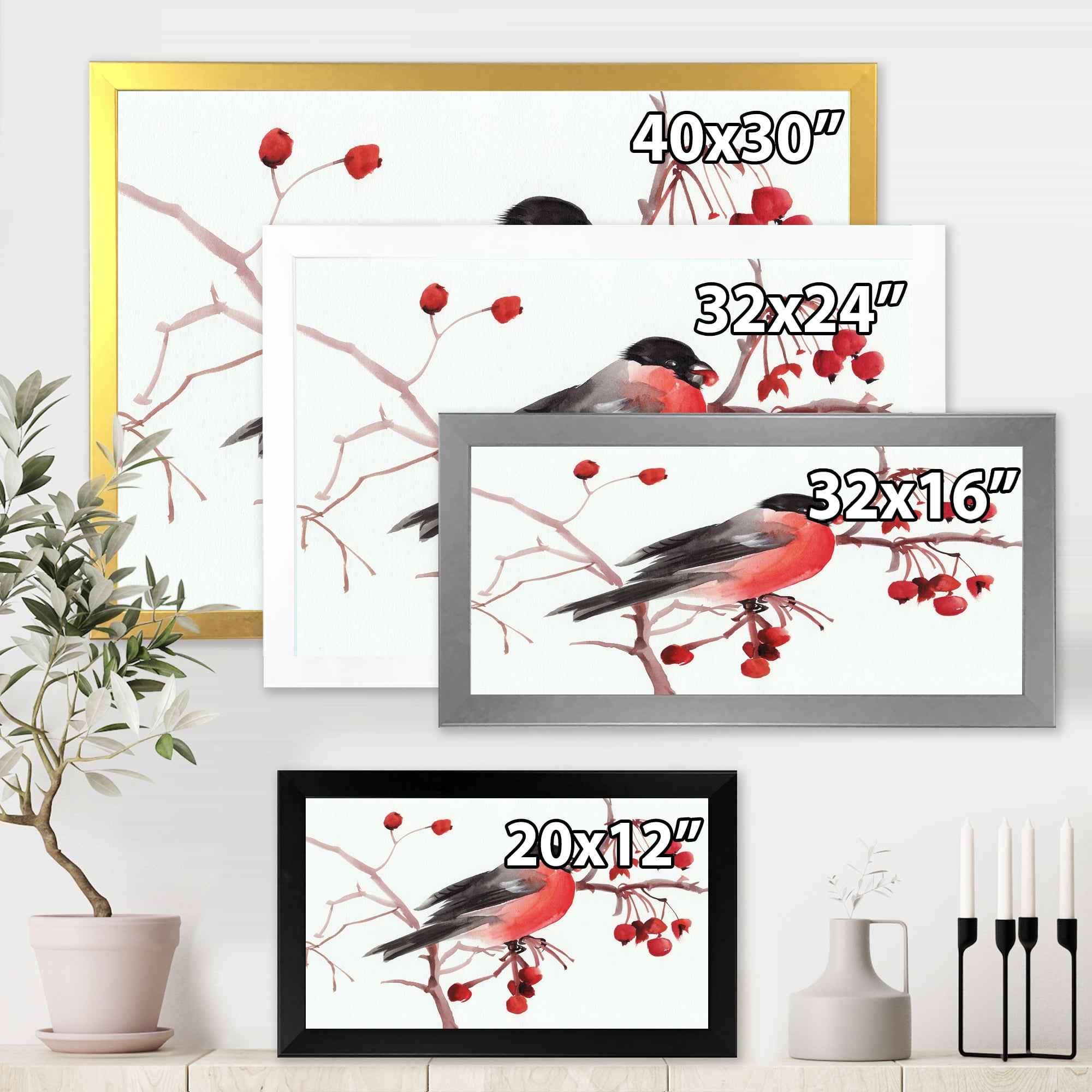 Designart 'Bullfinch Bird Sitting On A Branch' Traditional Framed Art Print