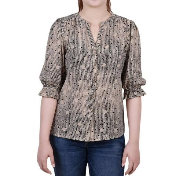 NY Collection Womens Y Neck Button Down Blouse, Beige, Petite, PS