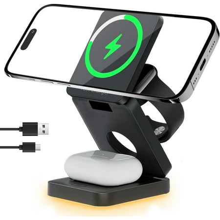 3 in 1 Foldable Magnetic Wireless Charging Station for iPhone 16/15/14/13/12 Plus Pro Max & AppleWatch 10/9/8 & AirPods 4/3/2 Qi 15W Fast Dock with Nightstand Light Clock Nano Travel Portable